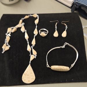 Fossil Coral Stone Jewelry 4 Piece Set Earrings Bracelet, Necklace, Ring